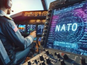 Das Cockpit eines Militarflugzeugs mit einem Piloten in Uniform, der die Kontrollen bedient Nato alphabet skrivanek