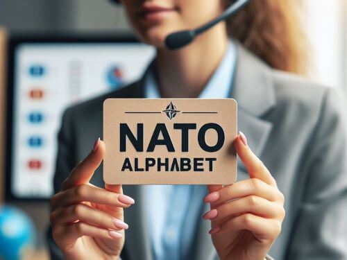 Eine Frau in einem professionellen Umfeld, die ein Headset und einen Anzug tragt, halt eine Karte mit der Aufschrift NATO Alphabet skrivanek