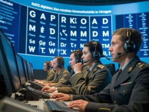 Eine Gruppe von Militarangehorigen in einer Kommandozentrale, die Kopfhorer tragen und an Computern arbeiten Nato alphabet skrivanek