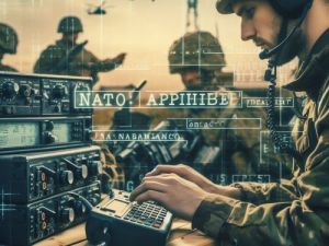 Eine militarische Kommunikationseinrichtung im Feld mit einem Soldaten, der ein Funkgerat bedient Nato alphabet skrivanek