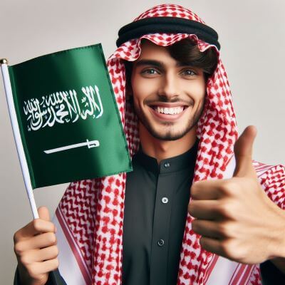 Junger arabischer Mann halt Sudarabien Flagge zeigt Daumen nach oben zur Seite lachelnd glucklich mit offenem Mund Hallo auf Arabisch skrivanek