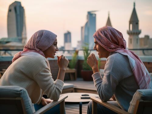 Zwei arabische Freundinnen unterhalten sich Hallo auf Arabisch skrivanek