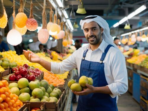 ein freundlicher arabischer Markthandler bietet frisches Obst an hallo auf arabisch skrivanek