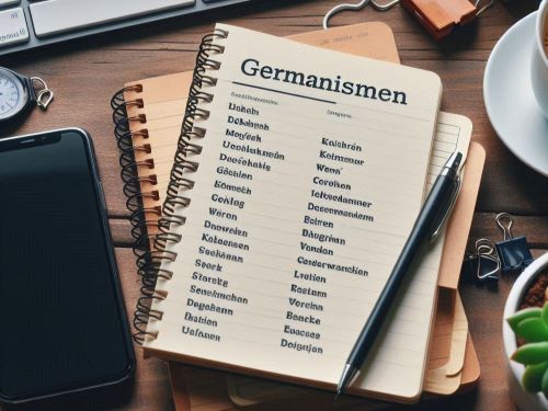 Ein Notizbuch auf einem Schreibtisch mit dem Titel Germanismen, das deutsche Worter auflistet deutsche Worter im Englischen skrivanek