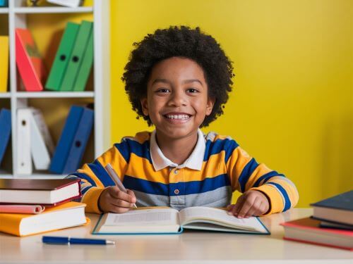 Ein lachelndes Kind sitzt an einem Schreibtisch und liest engagiert ein Buch auf Grund oder aufgrund skrivanek