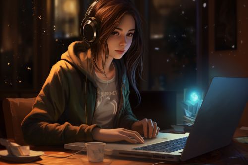 Madchen schaut auf einen Laptop Bildschirm Gamersprache skrivanek