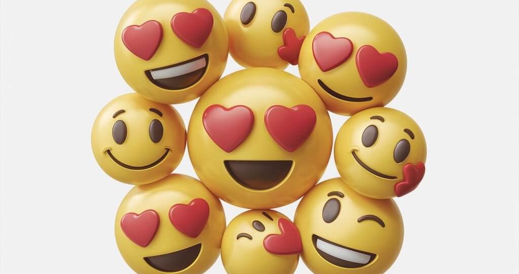Vielzahl von Emoji, darunter lachelnde Gesichter mit Herzen als Augen und ein kussendes Gesicht kuss smiley skrivanek