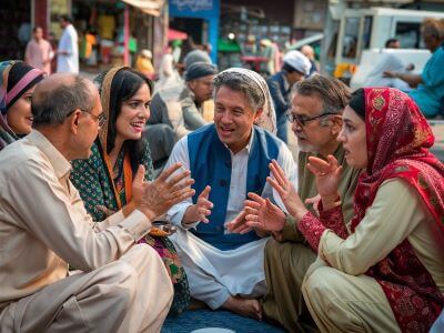 Menschen, die in einem Kreis auf einem belebten Markt sitzen und sich angeregt unterhalten welche Sprache spricht man in Pakistan skrivanek