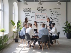 Ein Team diskutiert im Konferenzraum vor einer Tafel uber Content-Marketing Buzzword skrivanek