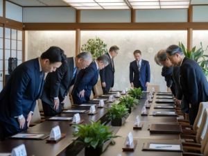 Geschaftsleute in einem Konferenzraum verbeugen sich voreinander zu Beginn eines Meetings hallo auf japanisch skrivanek