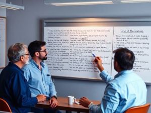 Drei Manner diskutieren vor einem Whiteboard voller Notizen abkurzungsverzeichnis word ubersetzungsburo skrivanek