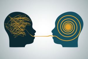 Zwei Kopfe, verbunden durch eine Linie links Chaos, rechts Klarheit, symbolisiert Kommunikation texte in leichter sprache ubersetzungsburo skrivanek