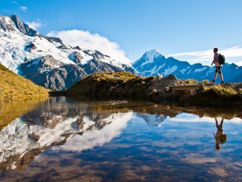 Wanderer am Bergsee mit Spiegelung der schneebedeckten Schweizer Alpen In die Schweiz auswandern ubersetzugnsburo skrivanek