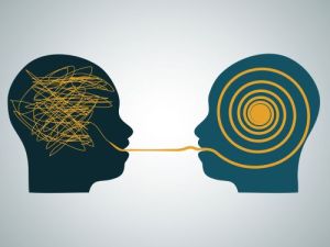 Illustration of two connected heads one with chaotic lines and the other with clear circles symbolizing how to make content accessible through clear communication translation office Berlin