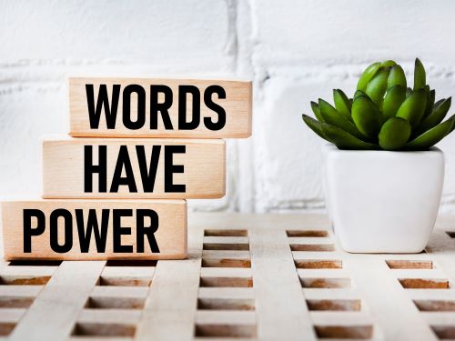 Words Have Power blocks with plant representing how to make content accessible through clear communication translation office Berlin